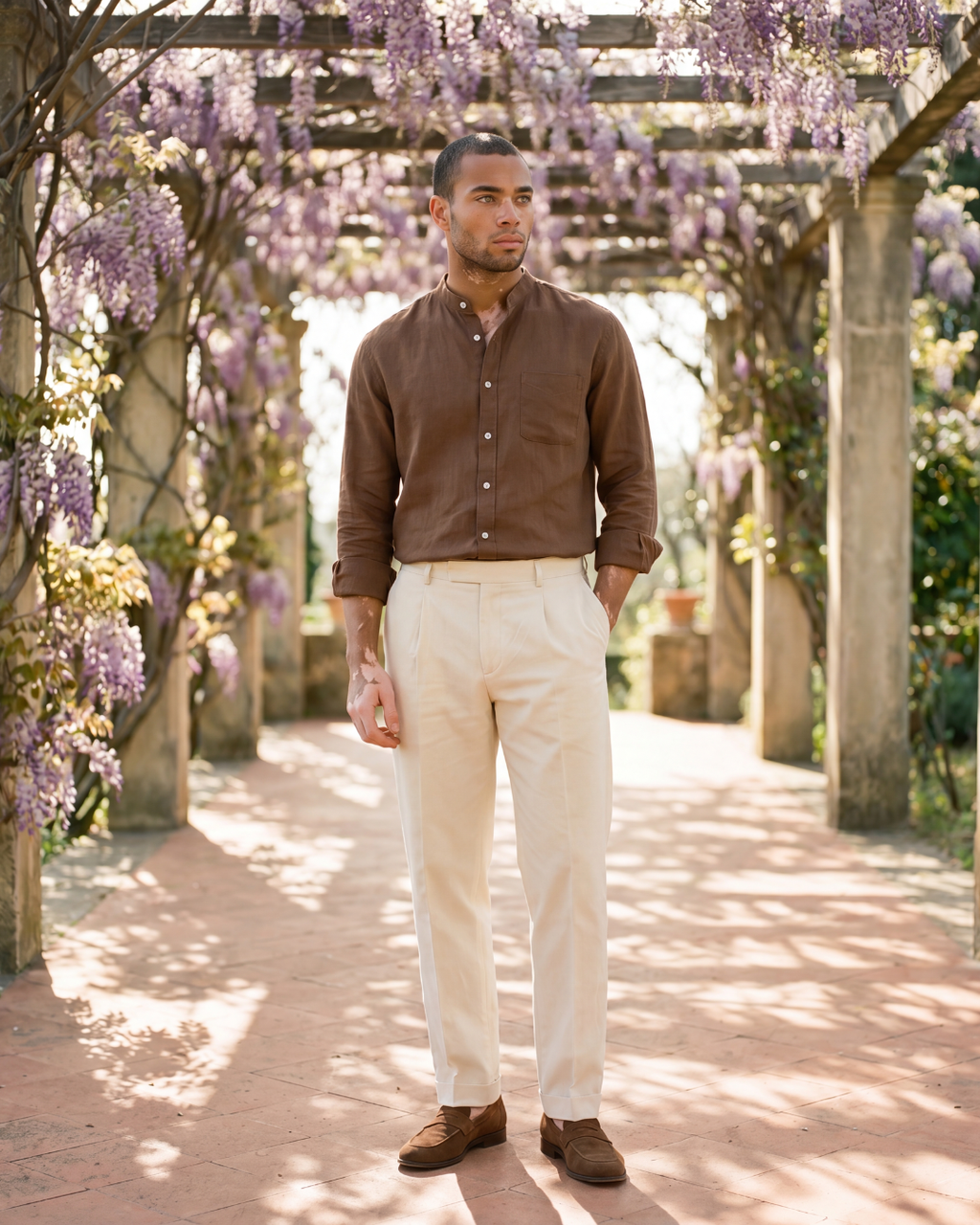 Men’s Mandarin Collar Shirt – Relaxed Fit Textured Cotton Shirt